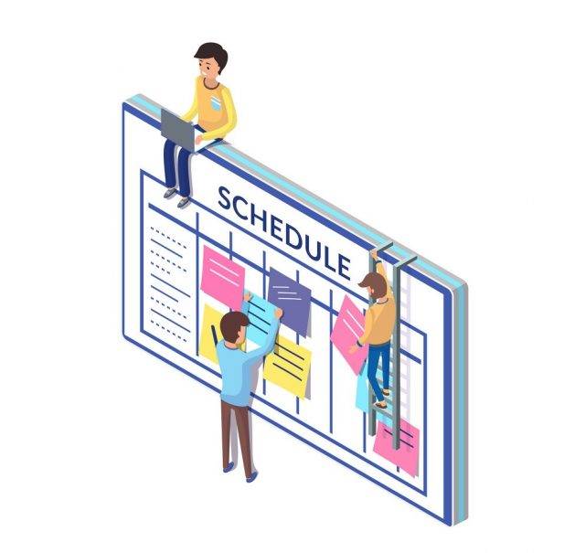 Schedule board and people, working on its updating vector. Organization  of workplace, work tasks and list of important things to be done checklist